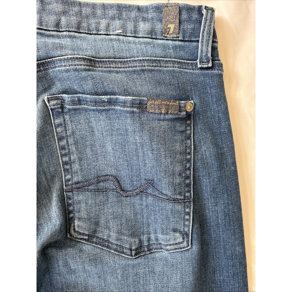7 For All Mankind Raw Hem Straight Leg Jeans Women Size 33 Cut 28" L Blue Grunge - Picture 6 of 16